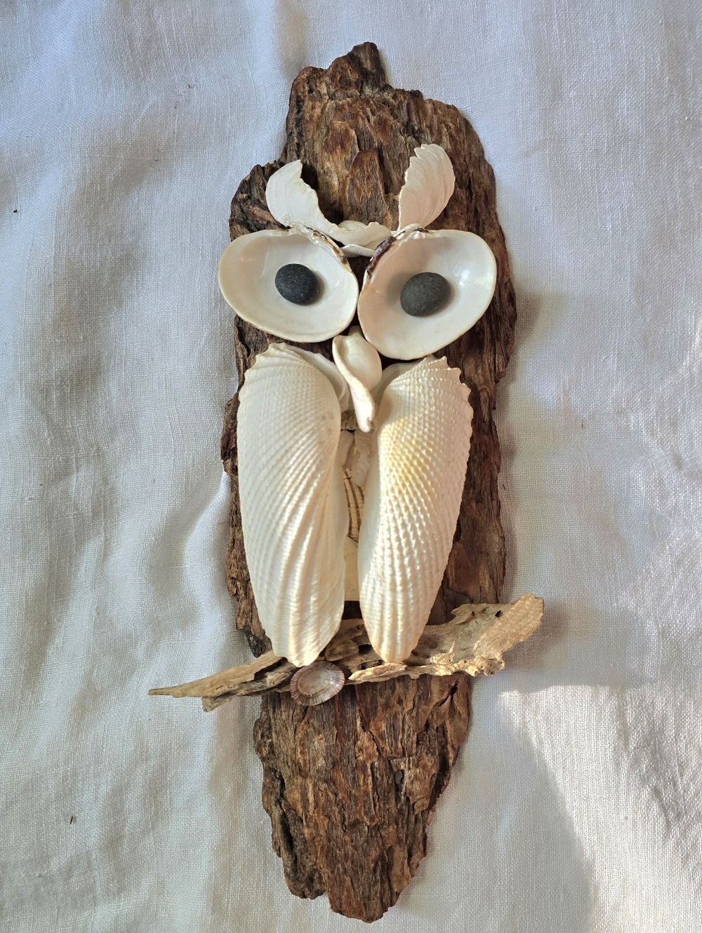 Vintage Owl Driftwood Art Shell Art 70s Snowy Owl Sculpture